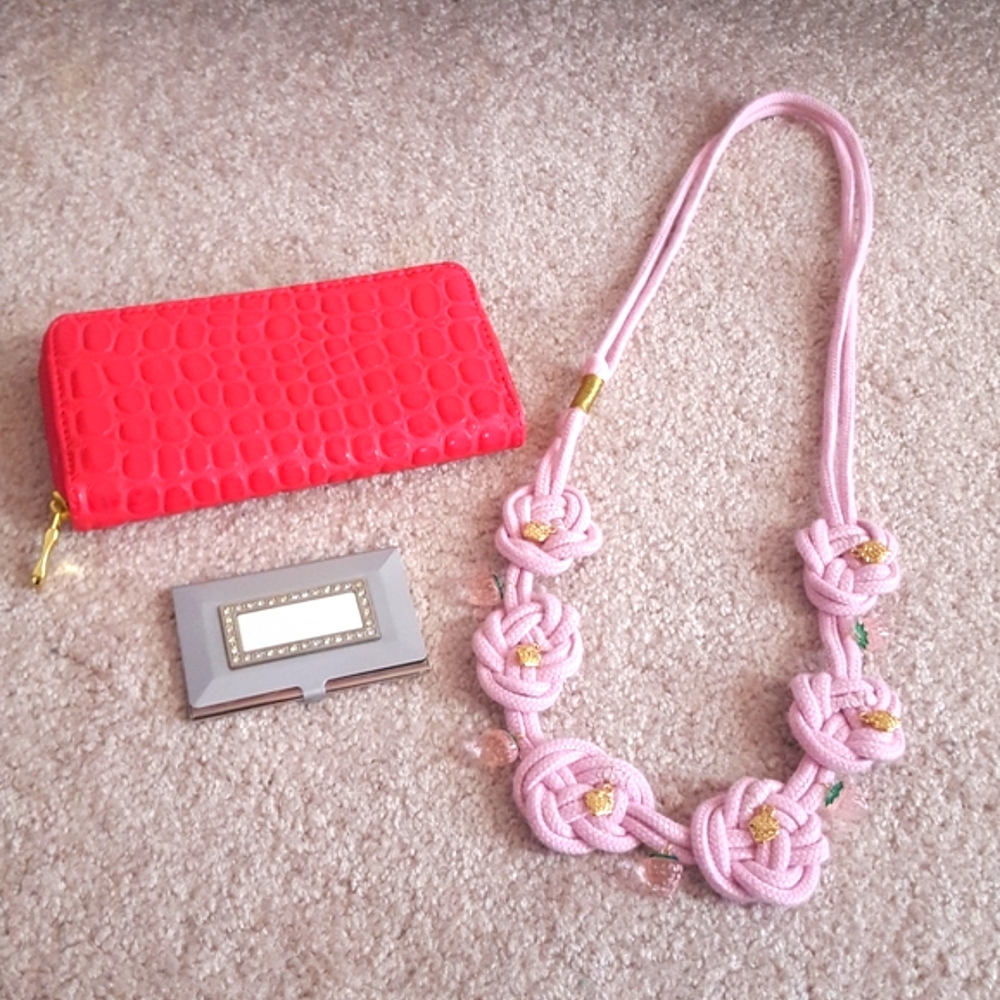 Pink Wallet, Silver Card Holder and Pink Strawberry Knotted Necklace